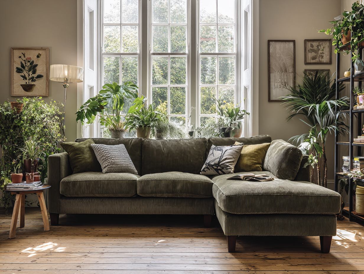 Sofá rinconera tapizado en pana 290x170x85cm - verde oliva/marrón oscuro - salón moderno