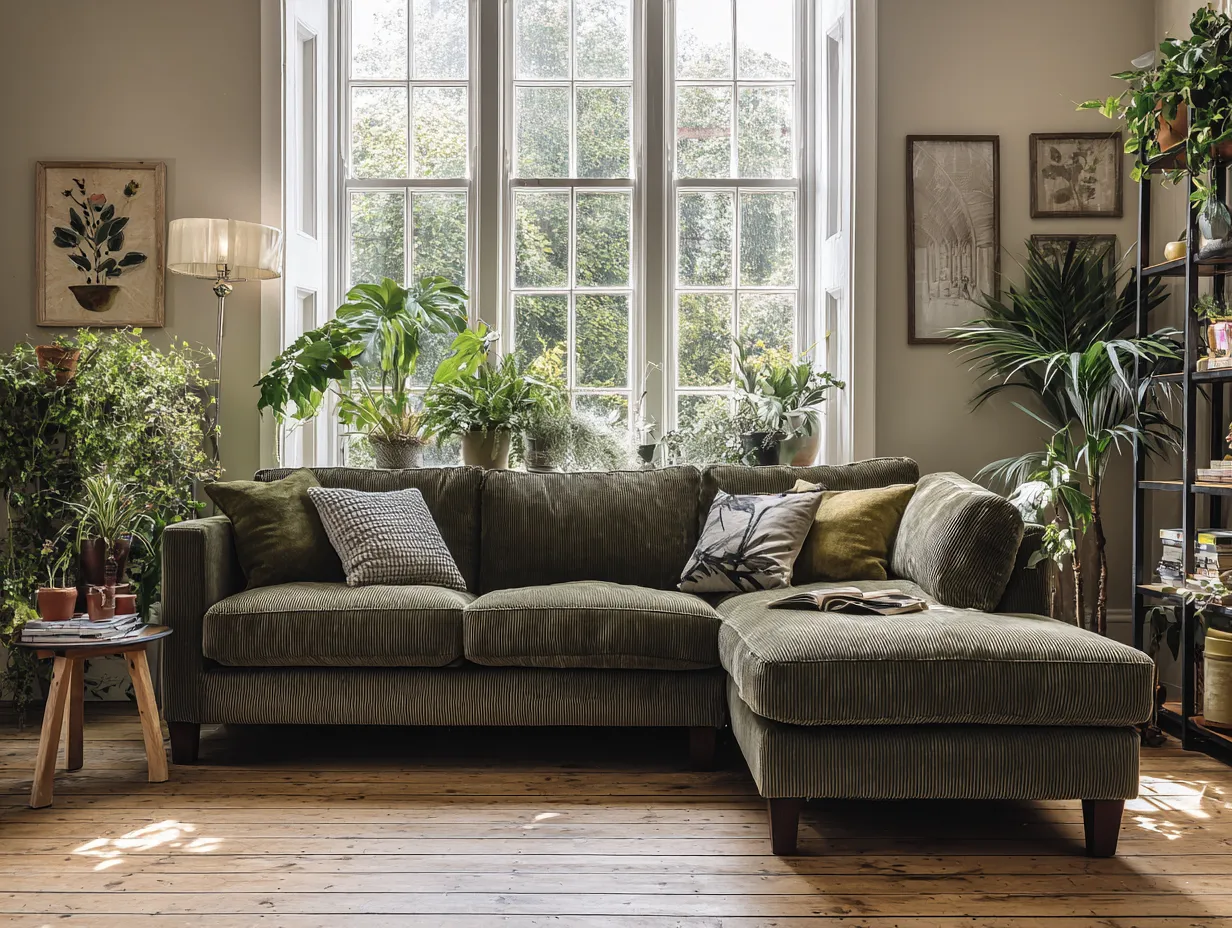 Sofá rinconera tapizado en pana 290x170x85cm - verde oliva/marrón oscuro - salón moderno