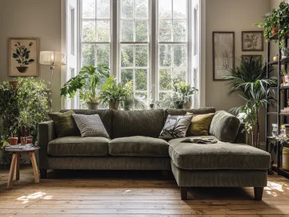 Sofá rinconera tapizado en pana 290x170x85cm - verde oliva/marrón oscuro - salón moderno