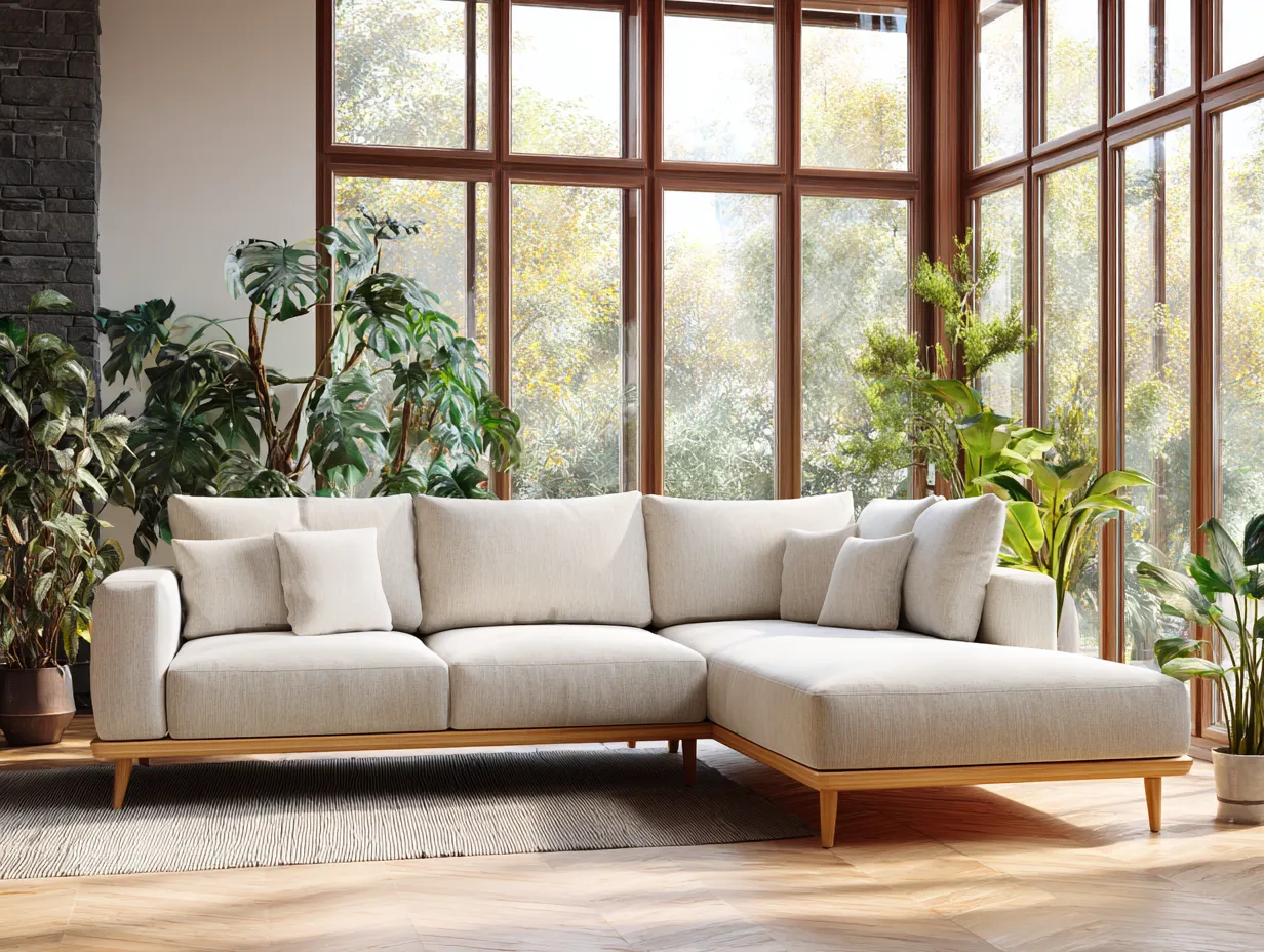 Sofá rinconera tapizado en tela 285x165x82cm - beige/madera natural - salón moderno