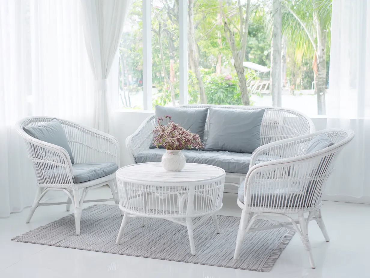 Conjunto de sofá y sillón de ratán sintético - sofá 160x80x75cm - blanco/gris claro - terraza y jardín estilo contemporáneo