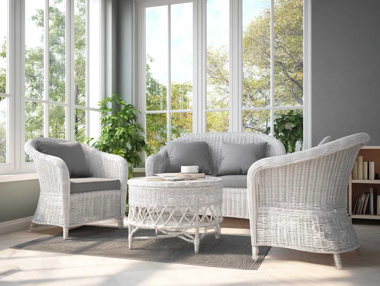 Conjunto de sofá y sillón de ratán sintético - sofá 160x75x80cm - blanco/gris - estilo elegante