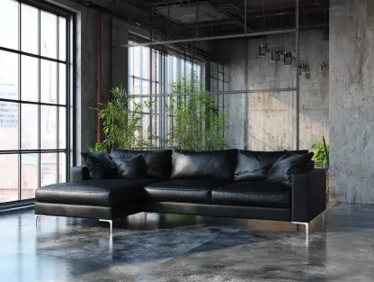 Sofá rinconera de cuero 285x170x80cm - negro/plateado - salón estilo industrial