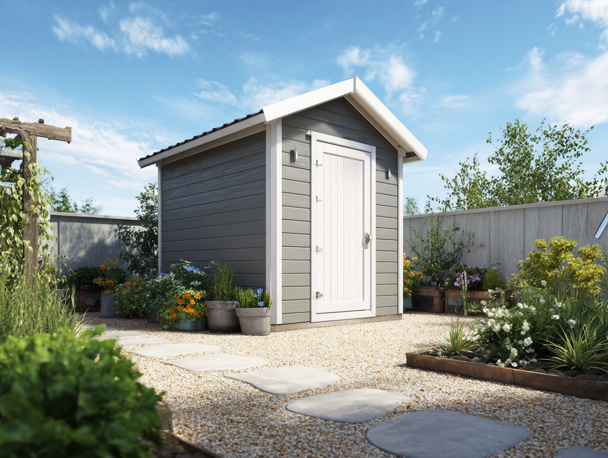 Caseta de jardín de madera 183x122 x208cm - gris/blanco - para almacenamiento exterior estilo clásico