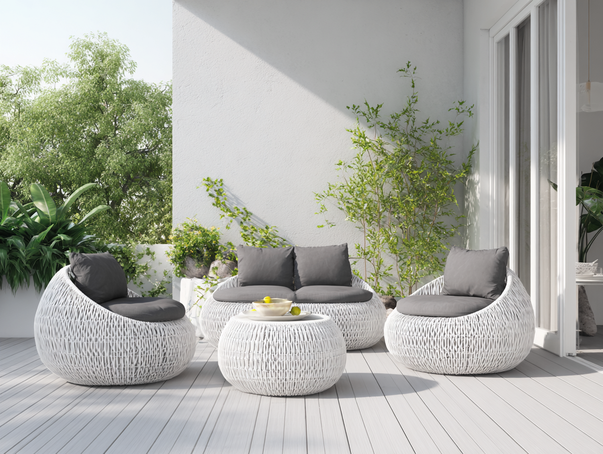 Conjunto de sofá y sillón de jardín ratán sintético - sofá 158x85x78cm - blanco/gris - uso exterior - diseño moderno