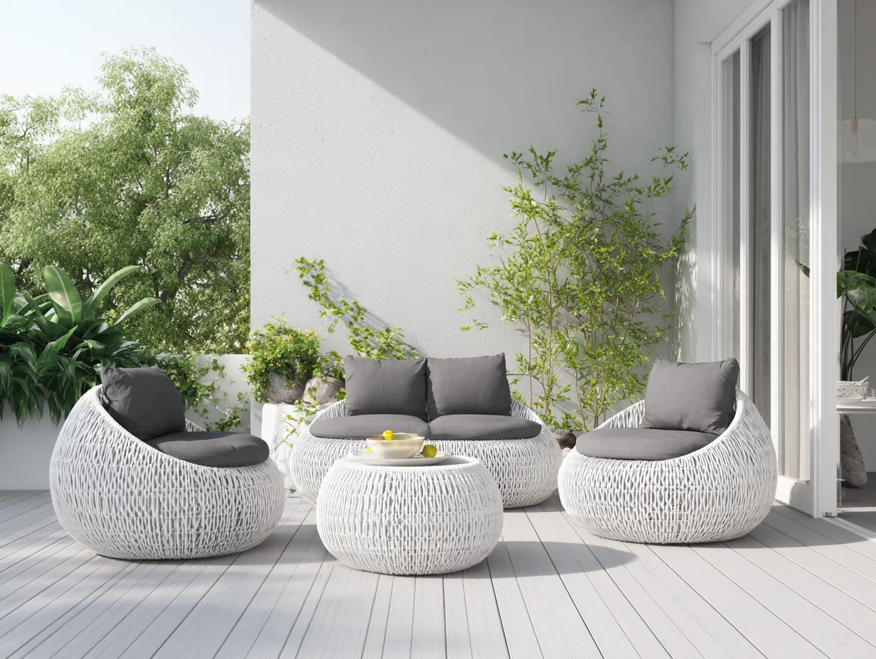 Conjunto de sofá y sillón de jardín ratán sintético - sofá 158x85x78cm - blanco/gris - uso exterior - diseño moderno
