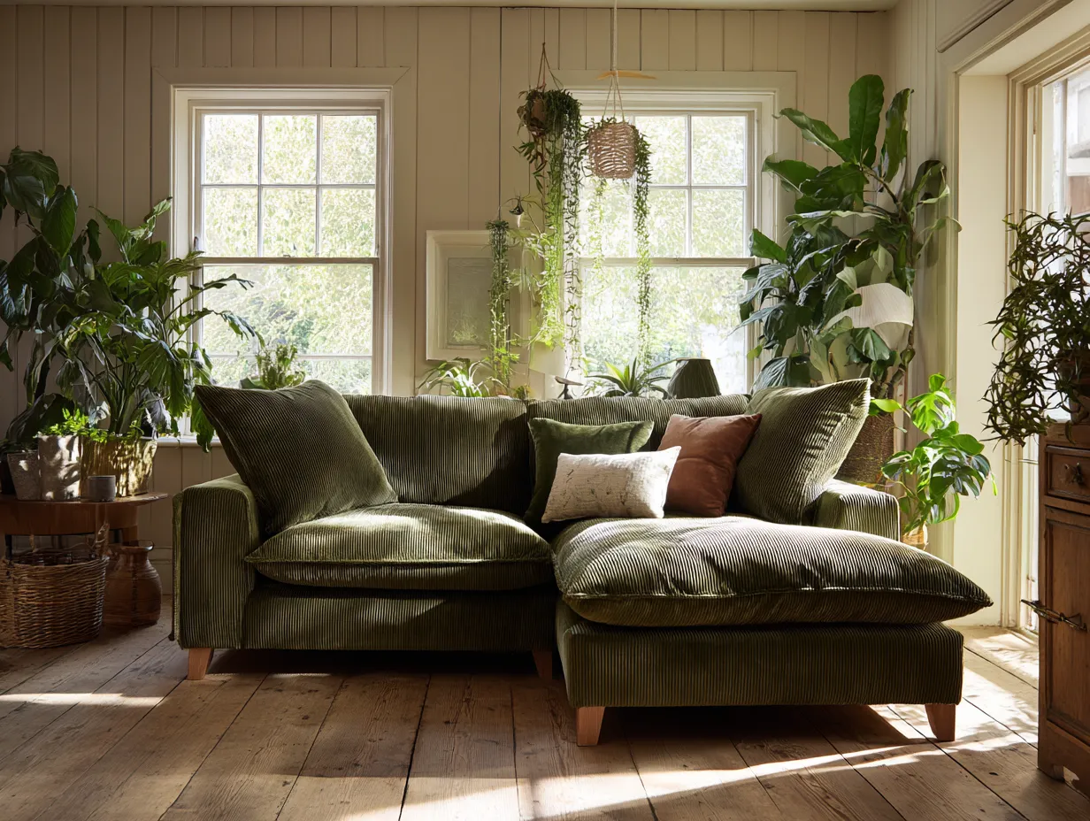 Sofá rinconera tapizado de pana 260x160x88 cm - verde oliva/madera natural - para salón - estilo contemporáneo