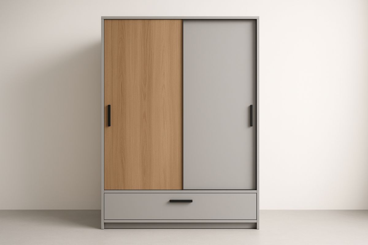 Armoire portes coulissantes en bois et gris avec tiroir