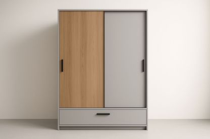 Armoire portes coulissantes en bois et gris avec tiroir