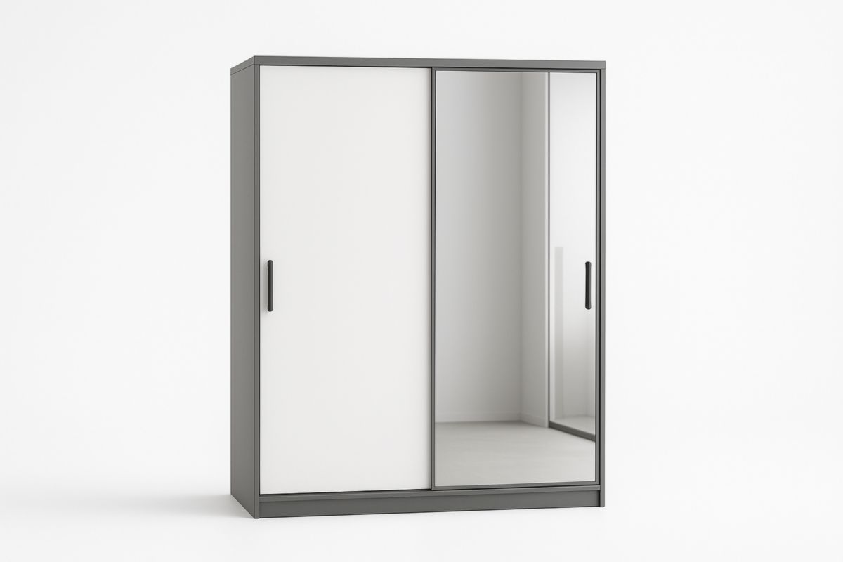 Armoire avec Portes Coulissantes en Verre Miroir et Panneau Gris/Blanc 200x218x65cm