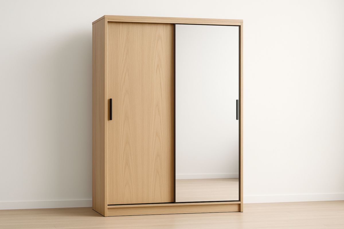 Armoire en Chêne Clair avec Porte Miroir Coulissante