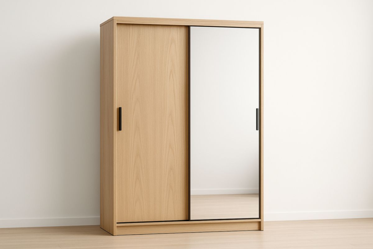 Armoire en Chêne Clair avec Porte Miroir Coulissante