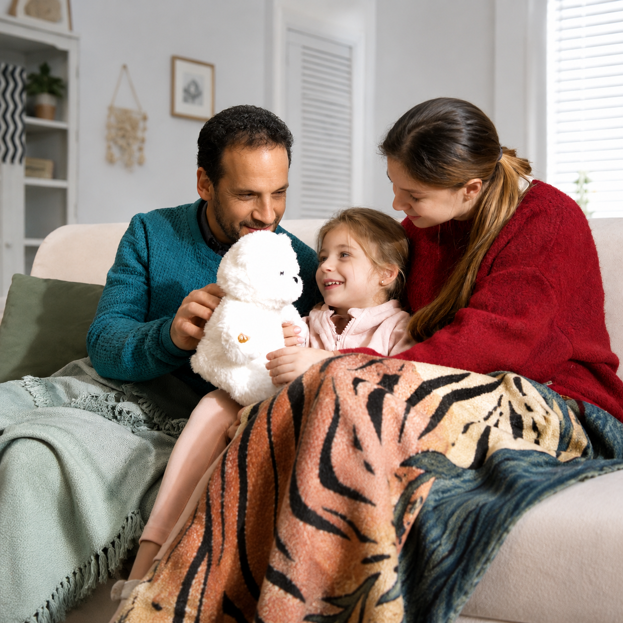 Family playing with Meemo Bear AI plush toy at home