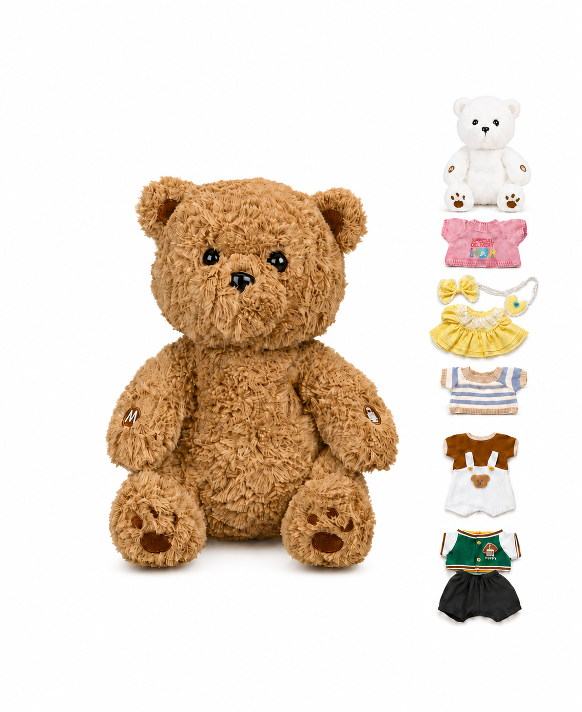 Brown Meemo Bear AI plush toy bundle with outfits