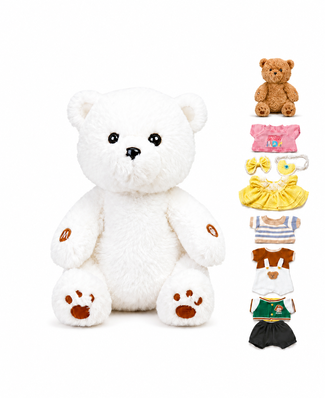 White Meemo Bear AI plush toy bundle with outfits