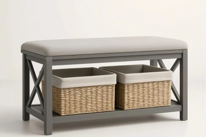 Panca con cuscino in tessuto poliestere e cestini in vimini grigio chiaro 100cm