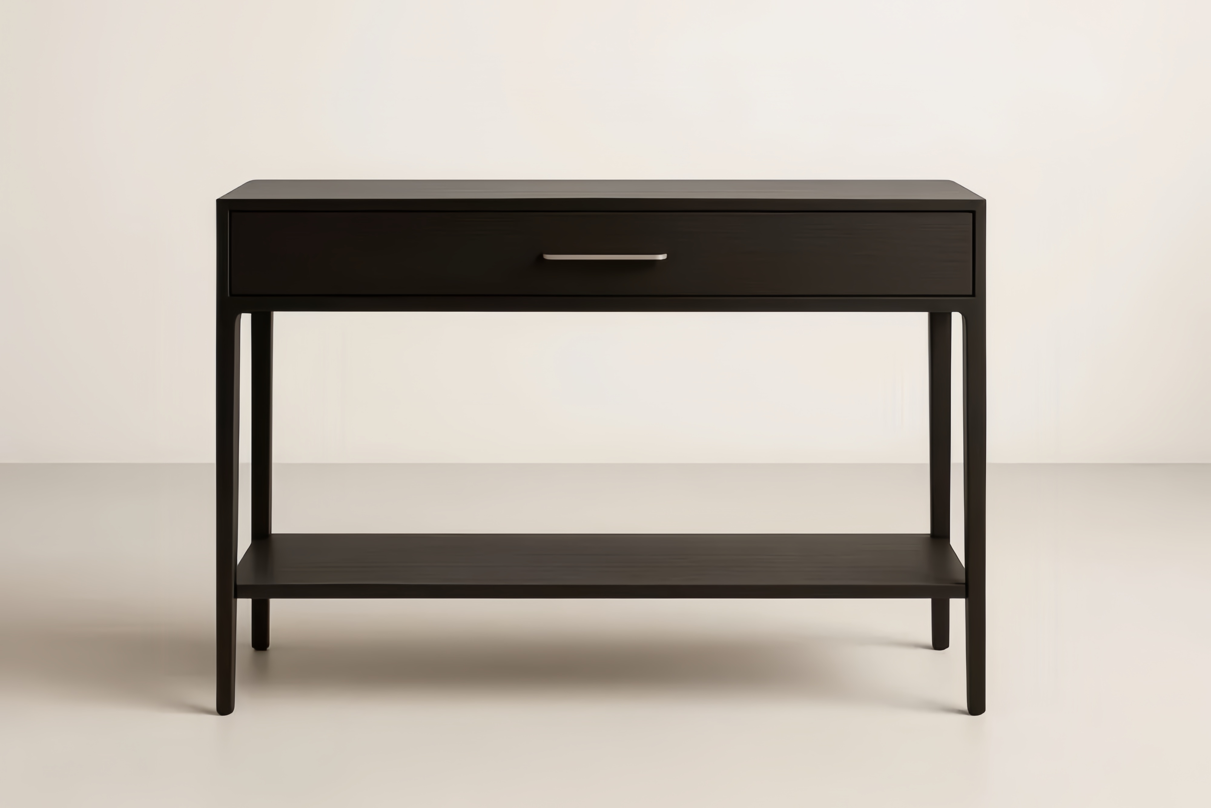 Consolle rettangolare in legno marrone scuro con cassetto e ripiano in MDF