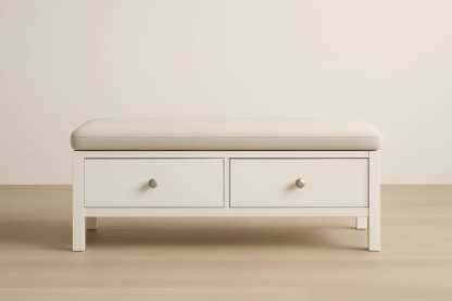 Panca contenitore bianca in legno MDF con tessuto di poliestere e cassetti