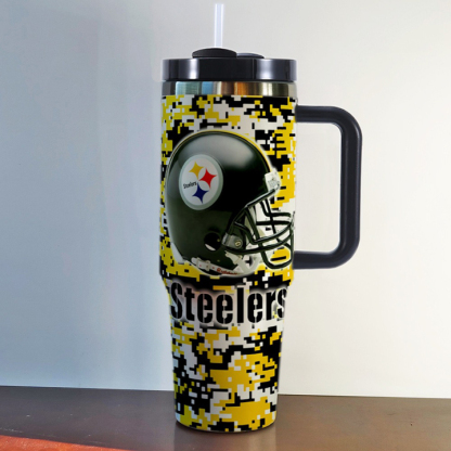 NFL Stainless Steel Tumbler with Handle and Straw - 40oz Double Wall Insulated Travel Mug with Lid