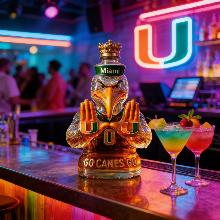 Miami Hurricanes Go Canes Go Whiskey Bottle - The One-And-Only Sebastian the Ibis