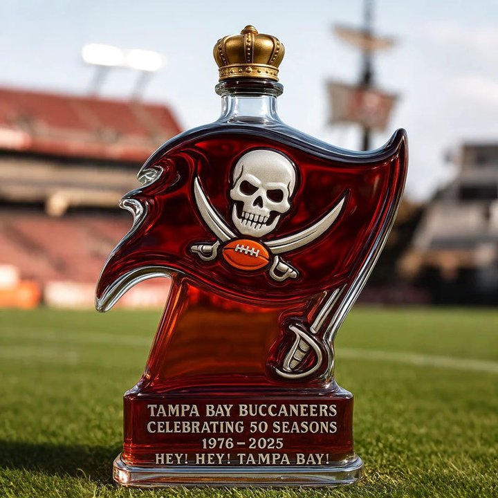 Tampa Bay Buccaneers 50 Seasons Hey Hey Tampa Bay Whiskey Bottle