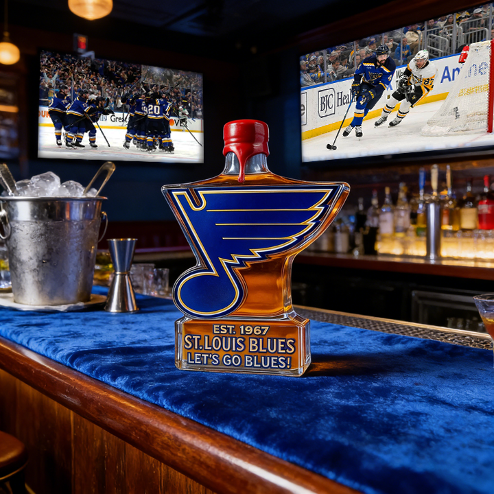 St. Louis Blues Let’s Go Blues Whiskey Bottle - A Sculpted Tribute to St. Louis Hockey