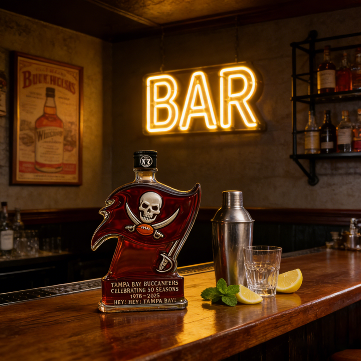 Tampa Bay Buccaneers 50 Seasons Hey Hey Tampa Bay Whiskey Bottle