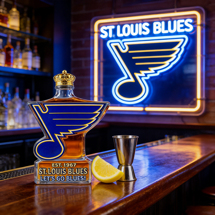 St. Louis Blues Let’s Go Blues Whiskey Bottle - A Sculpted Tribute to St. Louis Hockey