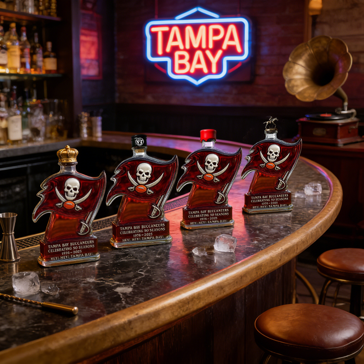 Tampa Bay Buccaneers 50 Seasons Hey Hey Tampa Bay Whiskey Bottle