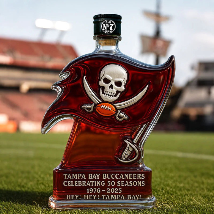 Tampa Bay Buccaneers 50 Seasons Hey Hey Tampa Bay Whiskey Bottle