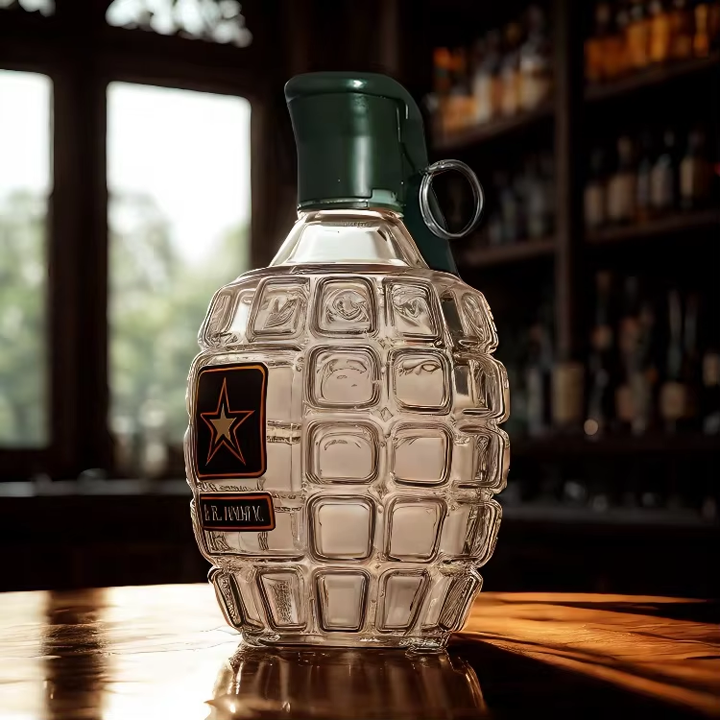 Military Style Grenade Whiskey Bottle - Collectible Engraved Hand-Grenade Shape Decanter