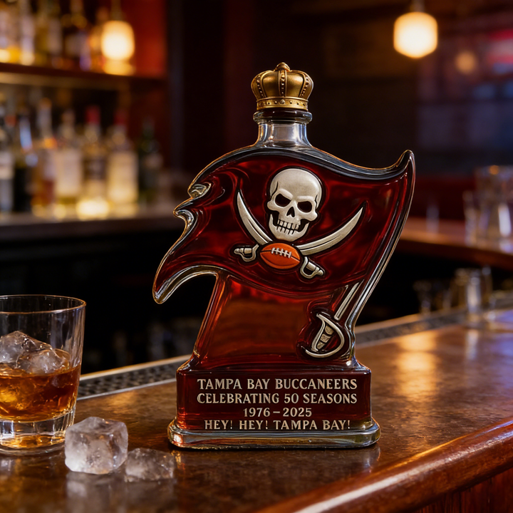 Tampa Bay Buccaneers 50 Seasons Hey Hey Tampa Bay Whiskey Bottle