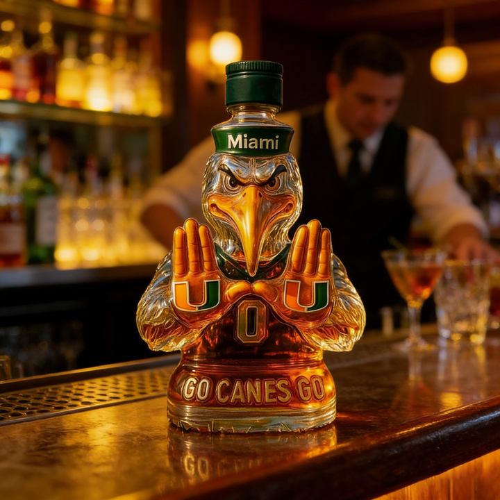 Miami Hurricanes Go Canes Go Whiskey Bottle - The One-And-Only Sebastian the Ibis