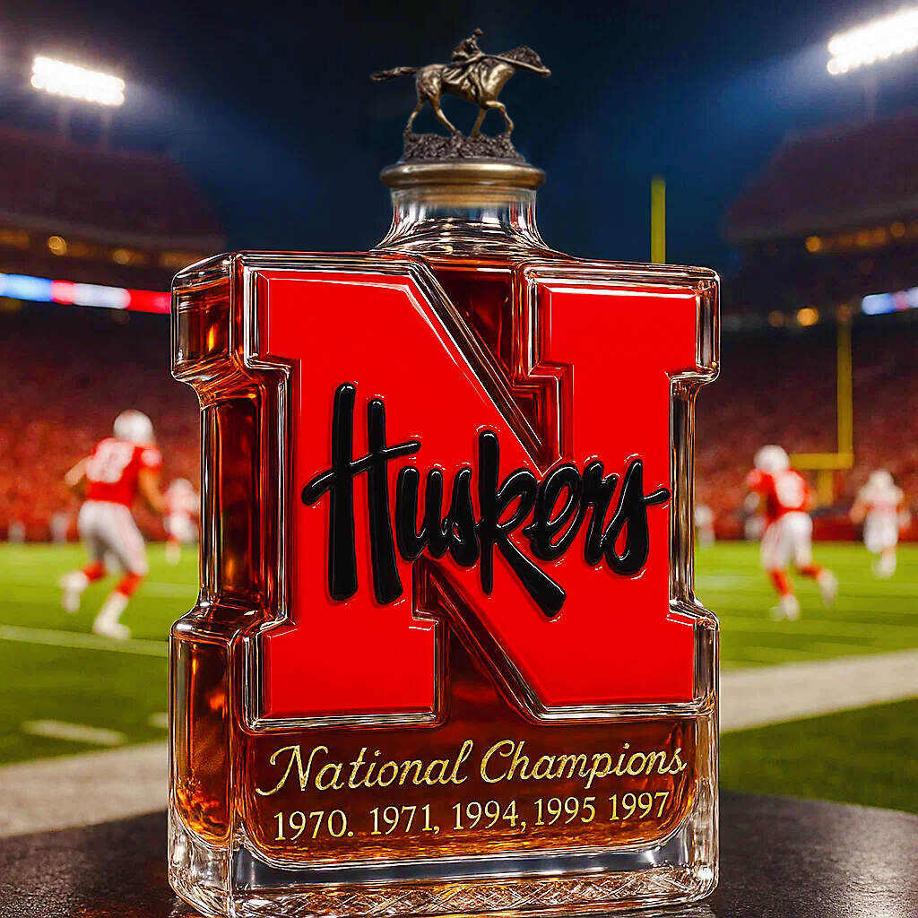 Nebraska Cornhuskers 5-Time National Champions Whiskey Bottle-Storyflask