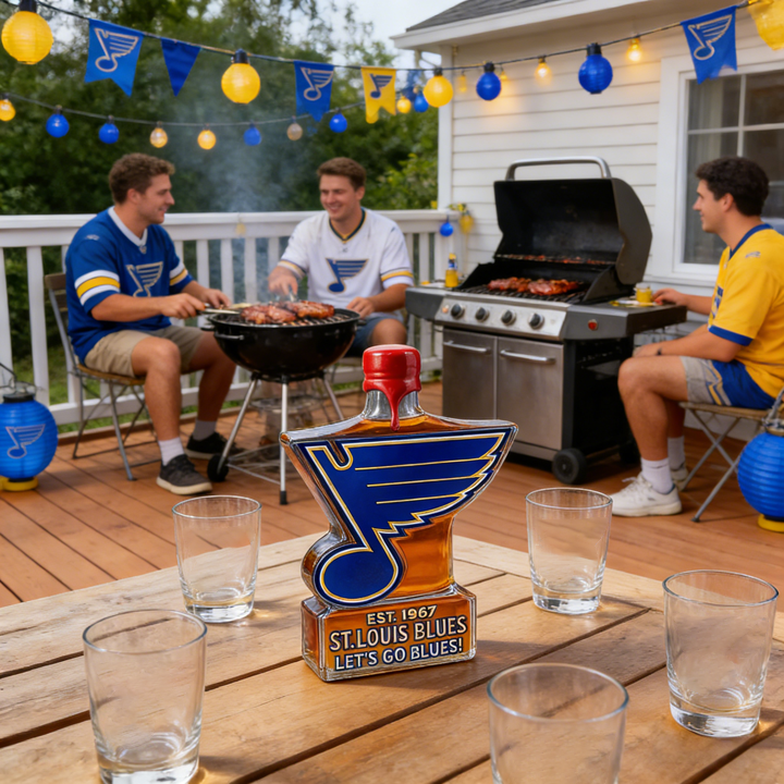 St. Louis Blues Let’s Go Blues Whiskey Bottle - A Sculpted Tribute to St. Louis Hockey