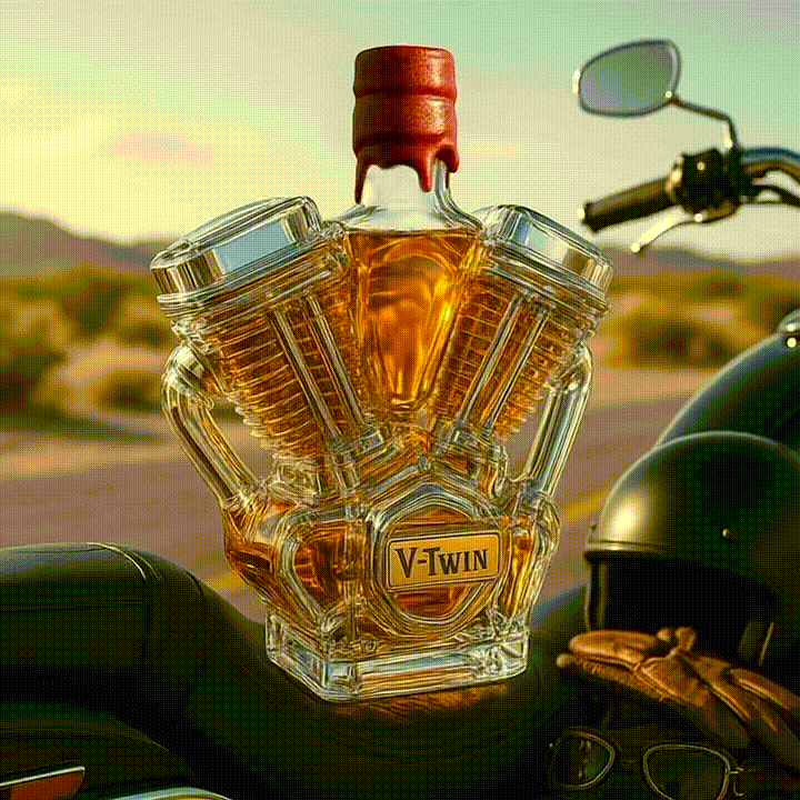 V Class Motorcycle Engine Unleaded Glass Whiskey Bottle-Storyflask