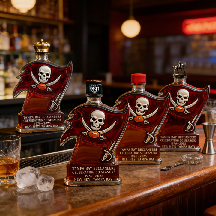 Tampa Bay Buccaneers 50 Seasons Hey Hey Tampa Bay Whiskey Bottle