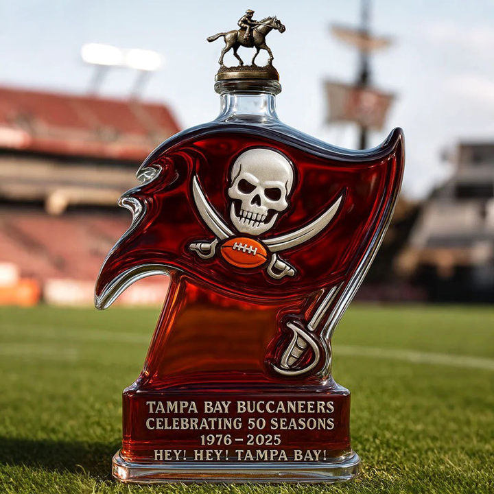 Tampa Bay Buccaneers 50 Seasons Hey Hey Tampa Bay Whiskey Bottle