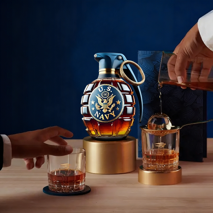 Military Style Grenade Whiskey Bottle - Collectible Engraved Hand-Grenade Shape Decanter