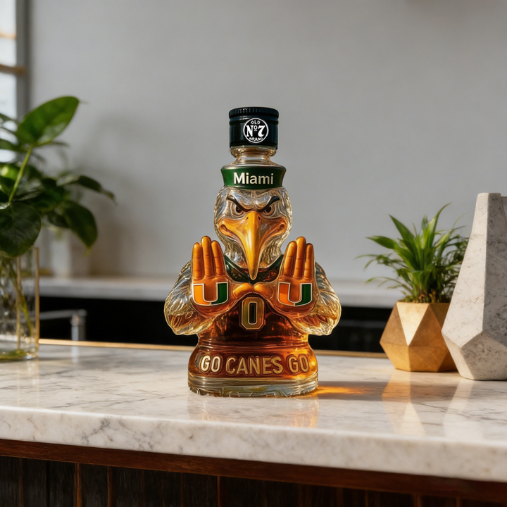 Miami Hurricanes Go Canes Go Whiskey Bottle - The One-And-Only Sebastian the Ibis