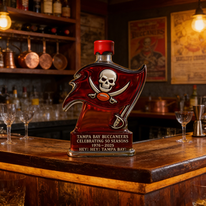 Tampa Bay Buccaneers 50 Seasons Hey Hey Tampa Bay Whiskey Bottle