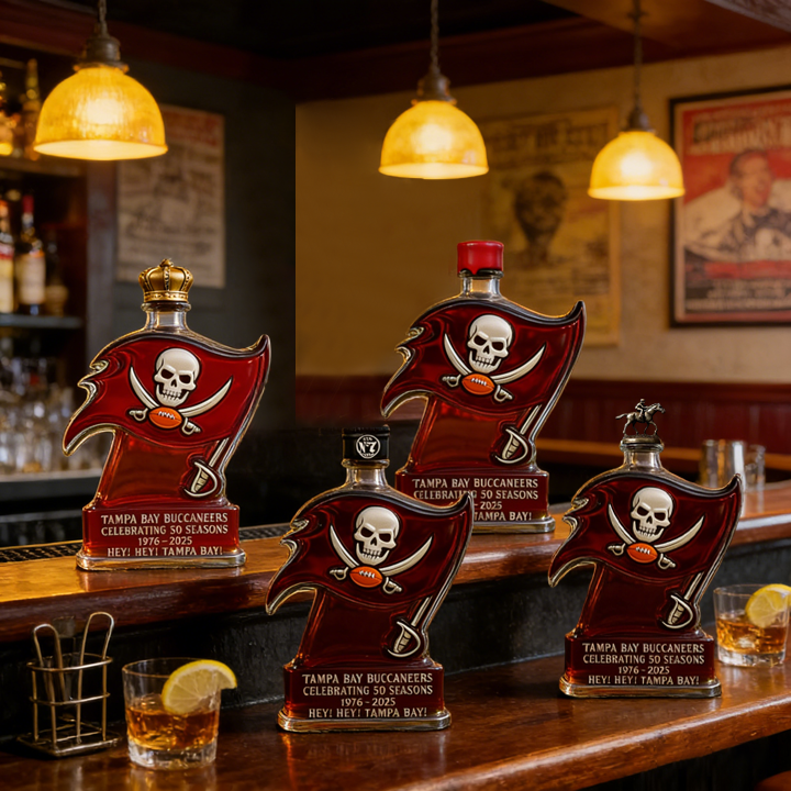 Tampa Bay Buccaneers 50 Seasons Hey Hey Tampa Bay Whiskey Bottle