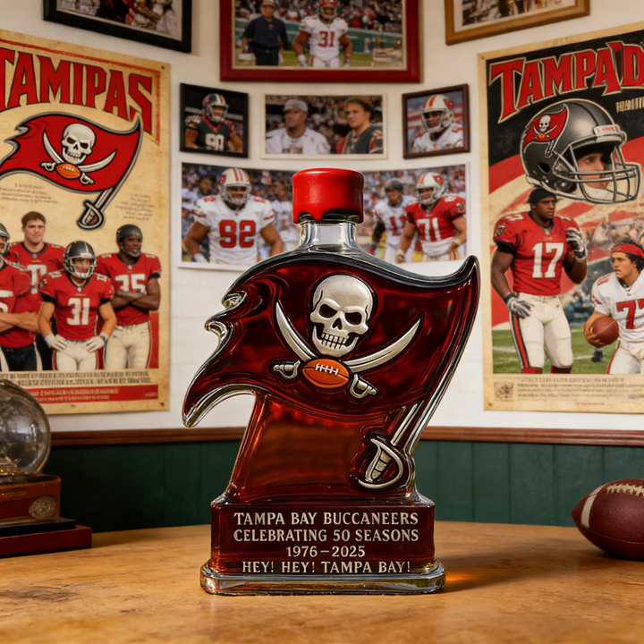 Tampa Bay Buccaneers 50 Seasons Hey Hey Tampa Bay Whiskey Bottle