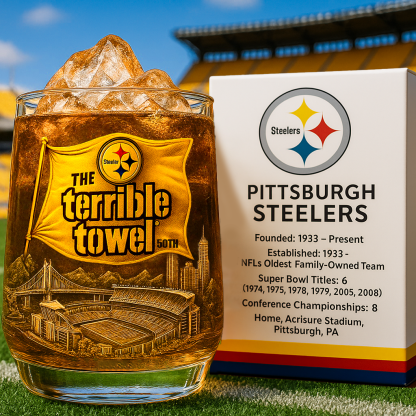 Pittsburgh Steelers Terrible Towel 50th Anniversary Whiskey Glass-Storyflask