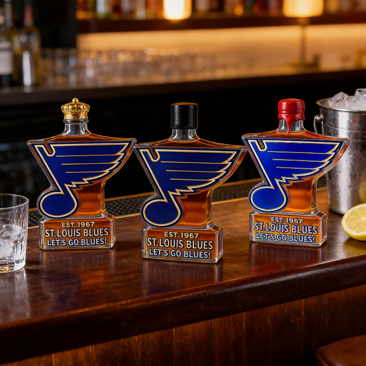 St. Louis Blues Let’s Go Blues Whiskey Bottle - A Sculpted Tribute to St. Louis Hockey