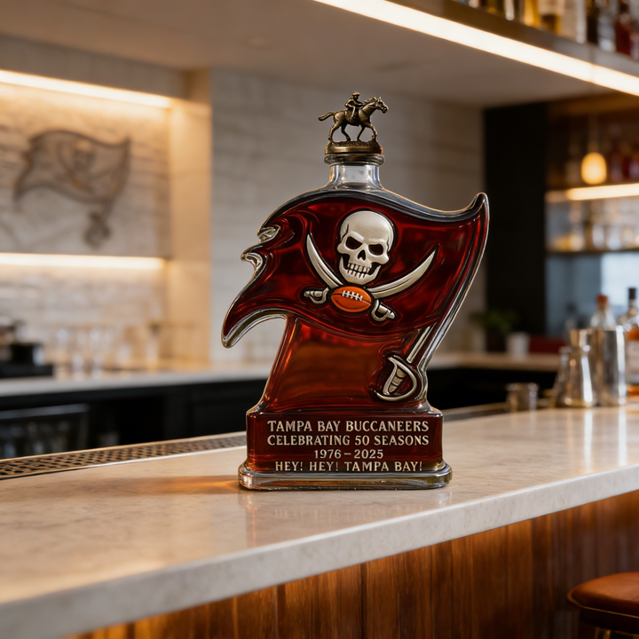 Tampa Bay Buccaneers 50 Seasons Hey Hey Tampa Bay Whiskey Bottle
