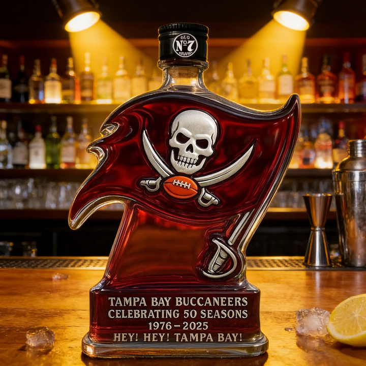 Tampa Bay Buccaneers 50 Seasons Hey Hey Tampa Bay Whiskey Bottle