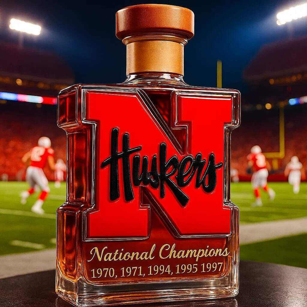 Nebraska Cornhuskers 5-Time National Champions Whiskey Bottle-Storyflask