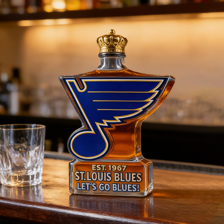 St. Louis Blues Let’s Go Blues Whiskey Bottle - A Sculpted Tribute to St. Louis Hockey