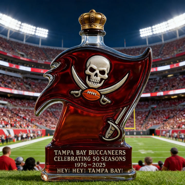 Tampa Bay Buccaneers 50 Seasons Hey Hey Tampa Bay Whiskey Bottle